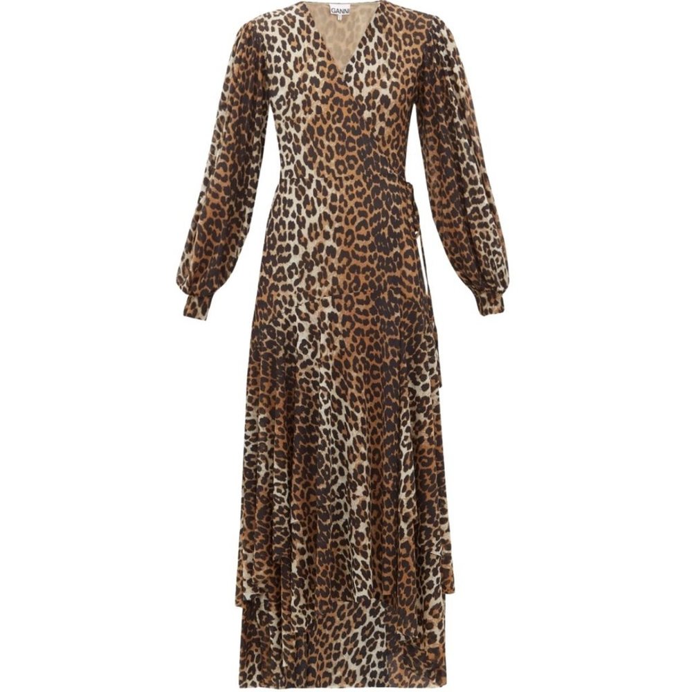 Ganni leopard print, long-sleeved wrap dress in stretch mesh.